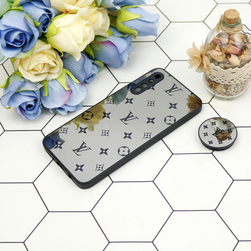 قاب محافظ لنزدار آینه ای + پاپ سوکت طرح LV مشکی Samsung Galaxy A30s/A50s