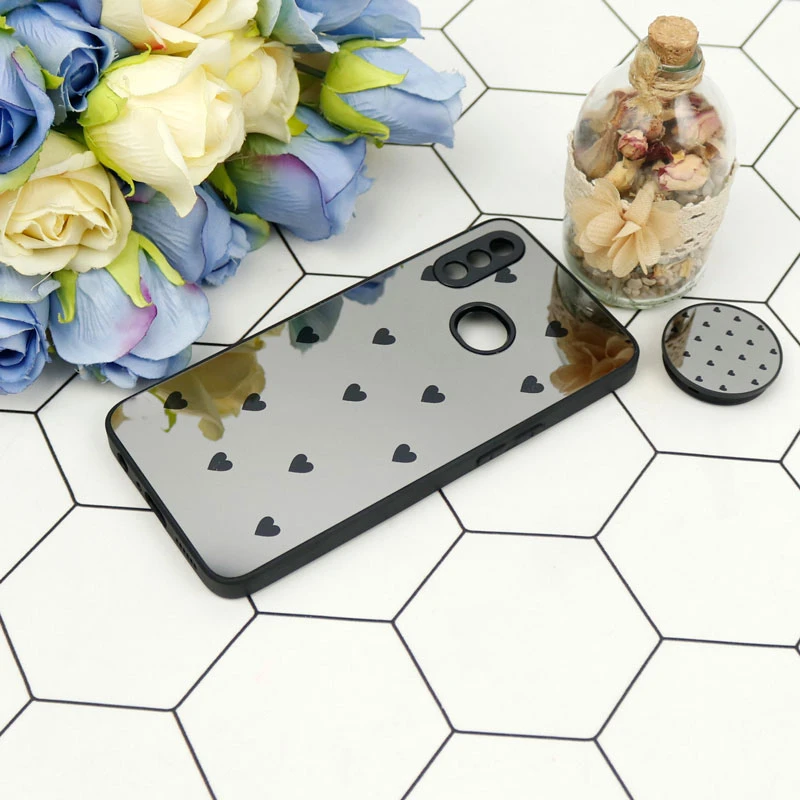 قاب محافظ لنزدار آینه ای + پاپ سوکت طرح قلب مشکی Samsung Galaxy A10s