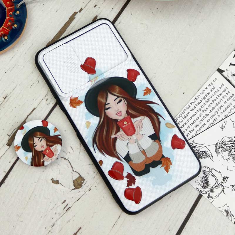 قاب طرحدار محافظ لنزدار کشویی + پاپ سوکت Xiaomi Poco M3 سری D