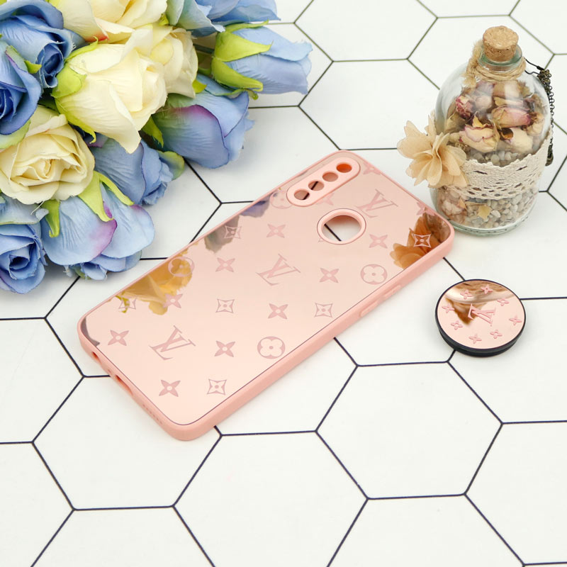 قاب محافظ لنزدار آینه ای + پاپ سوکت طرح LV صورتی Samsung Galaxy A20s