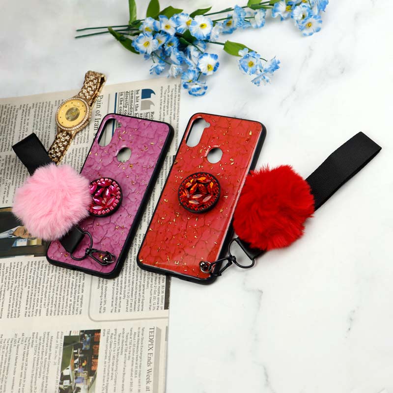 قاب ماربل طلایی پوم پوم دار + پاپ سوکت الماسی Samsung Galaxy A11