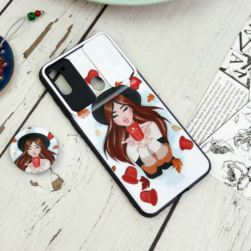 قاب طرحدار محافظ لنزدار کشویی + پاپ سوکت Samsung Galaxy A11 سری D