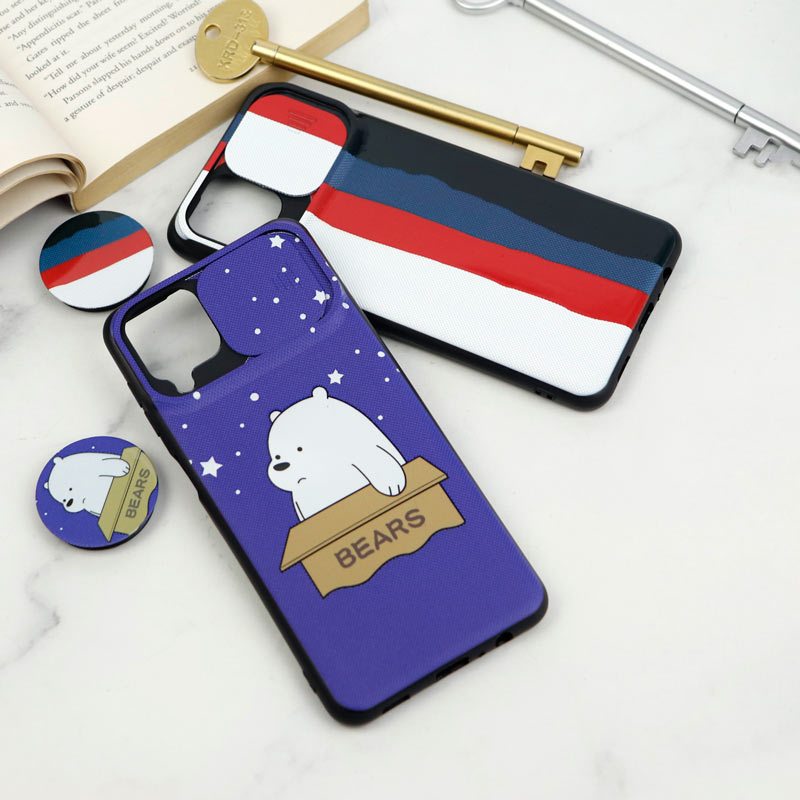 قاب طرحدار محافظ لنزدار کشویی + پاپ سوکت Samsung Galaxy A12 سری D