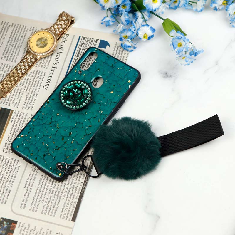 قاب ماربل طلایی پوم پوم دار + پاپ سوکت الماسی Samsung Galaxy A20s