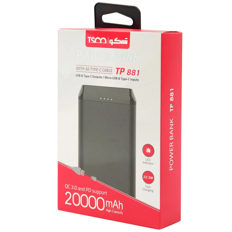 پاور بانک فست شارژ تسکو TP 881 QC3 PD 22.5W ظرفیت 20000 میلی آمپر ساعت