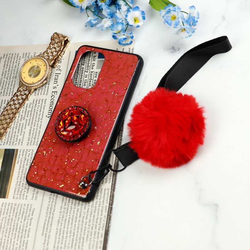قاب ماربل طلایی پوم پوم دار + پاپ سوکت الماسی Xiaomi Poco F3