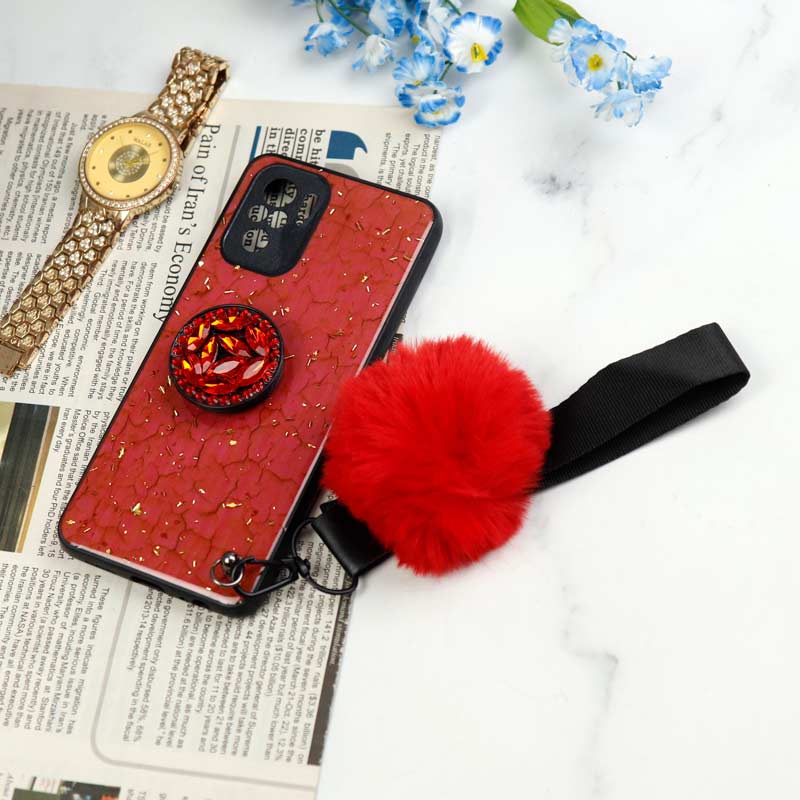 قاب ماربل طلایی پوم پوم دار + پاپ سوکت الماسی Xiaomi Redmi Note 10 4G
