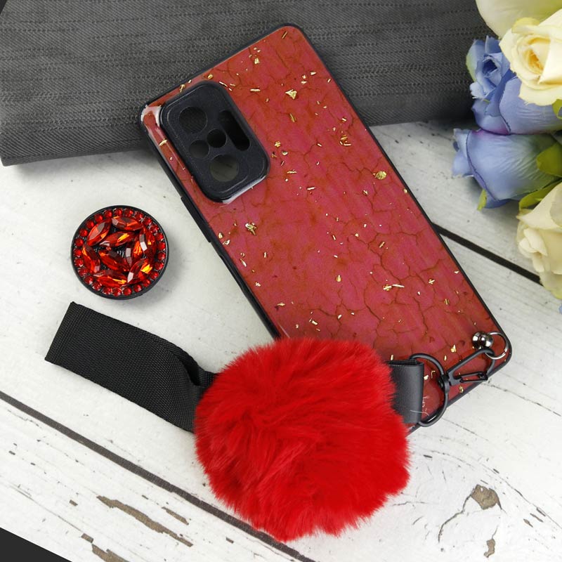 قاب ماربل طلایی پوم پوم دار + پاپ سوکت الماسی Xiaomi Redmi Note 10 Pro