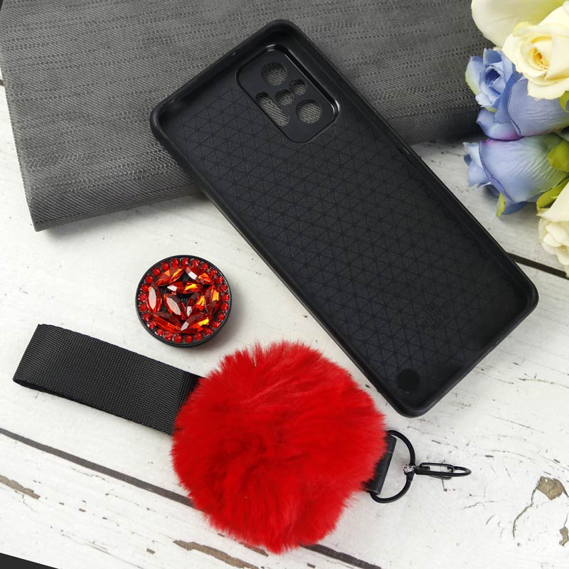 قاب ماربل طلایی پوم پوم دار + پاپ سوکت الماسی Xiaomi Redmi Note 10 Pro
