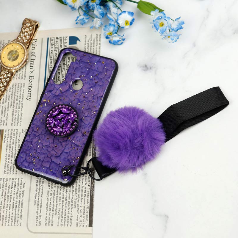 قاب ماربل طلایی پوم پوم دار + پاپ سوکت الماسی Xiaomi Redmi Note 8
