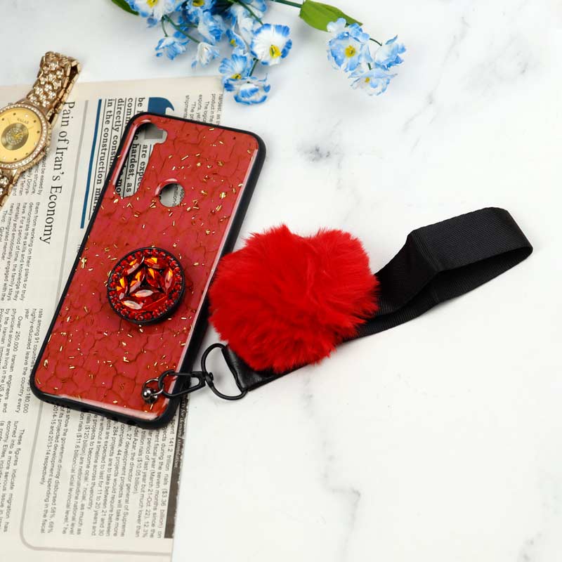 قاب ماربل طلایی پوم پوم دار + پاپ سوکت الماسی Xiaomi Redmi Note 8