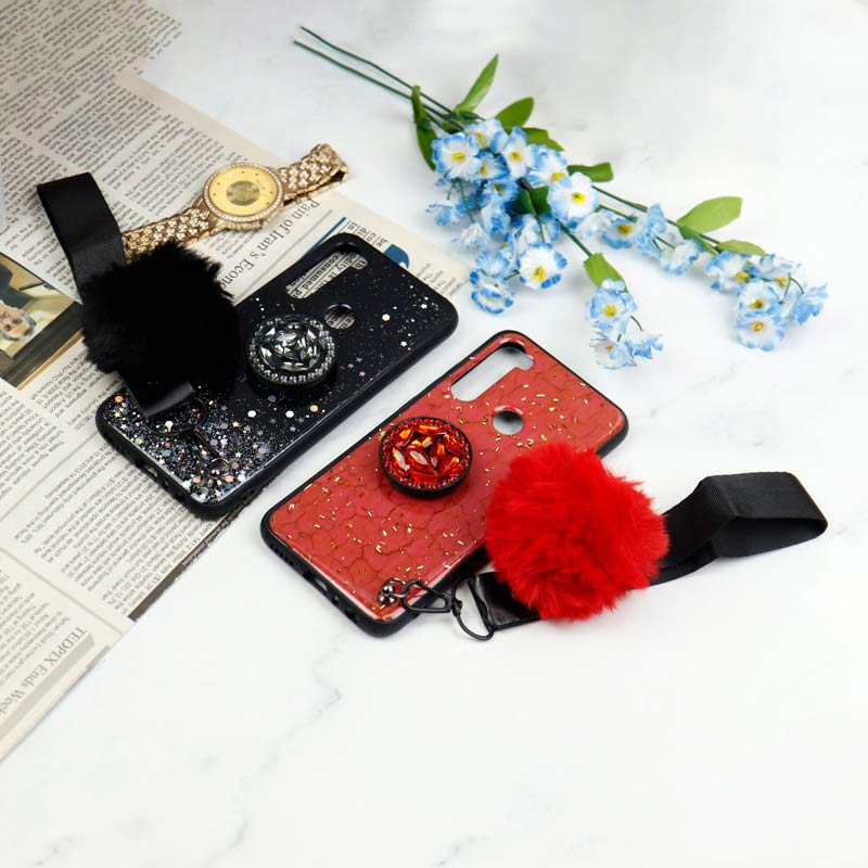 قاب ماربل طلایی پوم پوم دار + پاپ سوکت الماسی Xiaomi Redmi Note 8