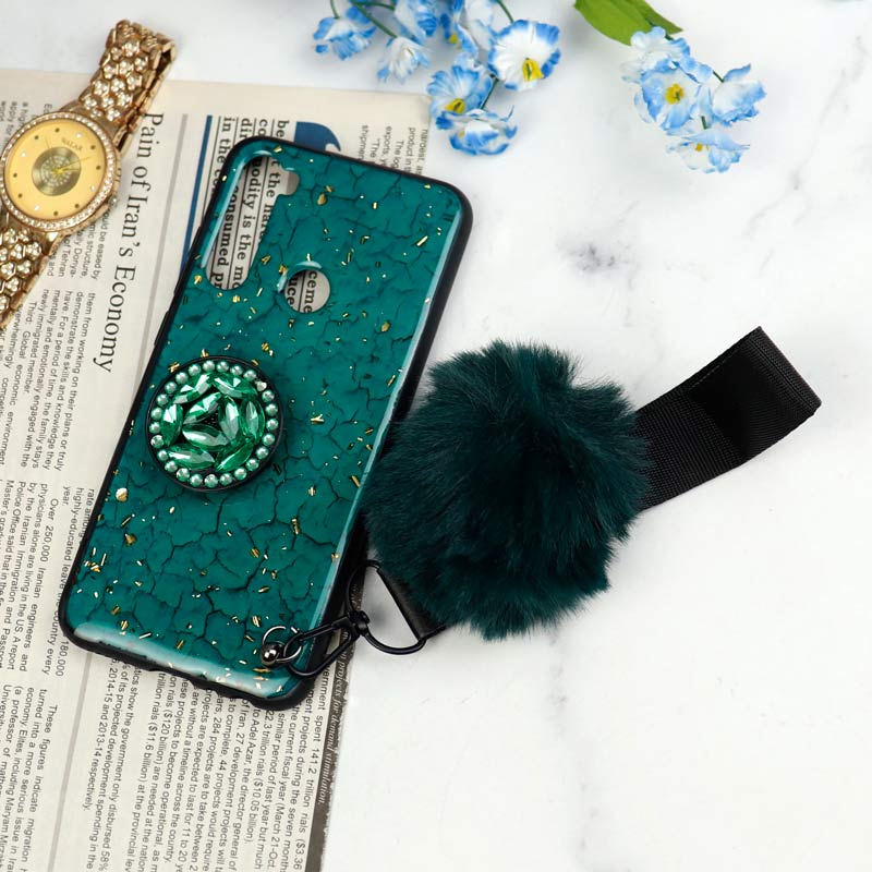 قاب ماربل طلایی پوم پوم دار + پاپ سوکت الماسی Xiaomi Redmi Note 8
