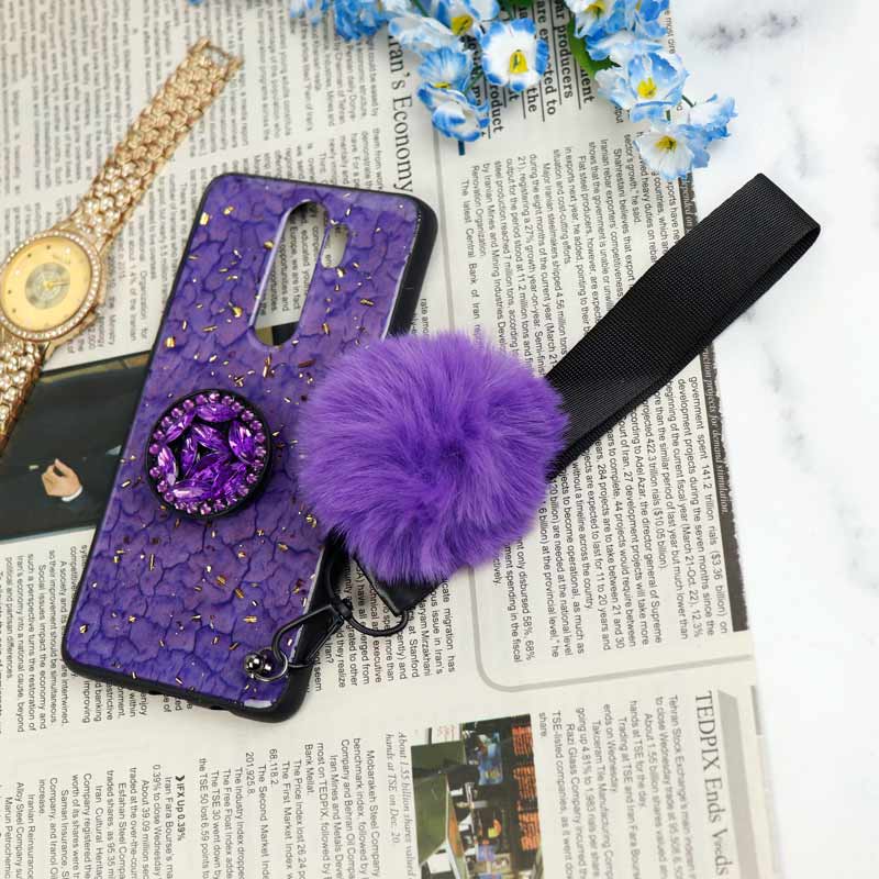 قاب ماربل طلایی پوم پوم دار + پاپ سوکت الماسی Xiaomi Redmi Note 8 Pro