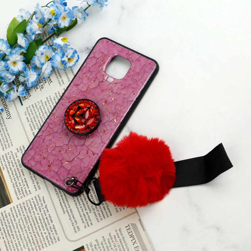 قاب ماربل طلایی پوم پوم دار + پاپ سوکت الماسی Xiaomi Redmi Note 9s