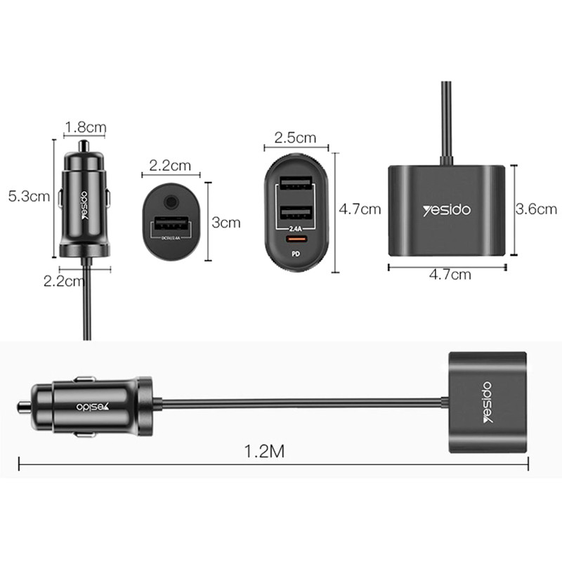 شارژر فندکی و هاب فست شارژ Yesido Y41 4Port 3A PD 48W