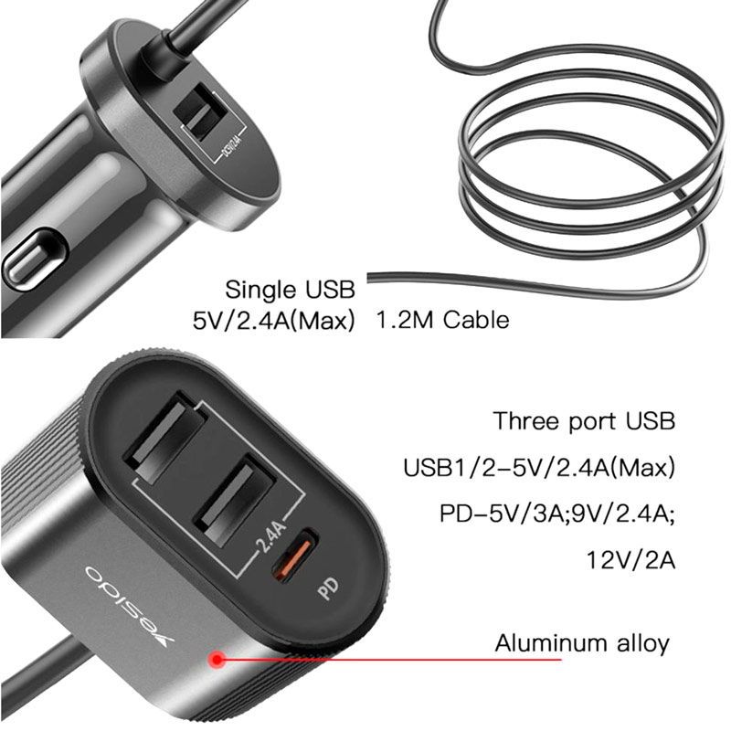 شارژر فندکی و هاب فست شارژ Yesido Y41 4Port 3A PD 48W