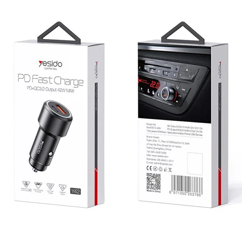 شارژر فندکی فست شارژ Yesido Y42 2.4A QC3.0 PD 42W