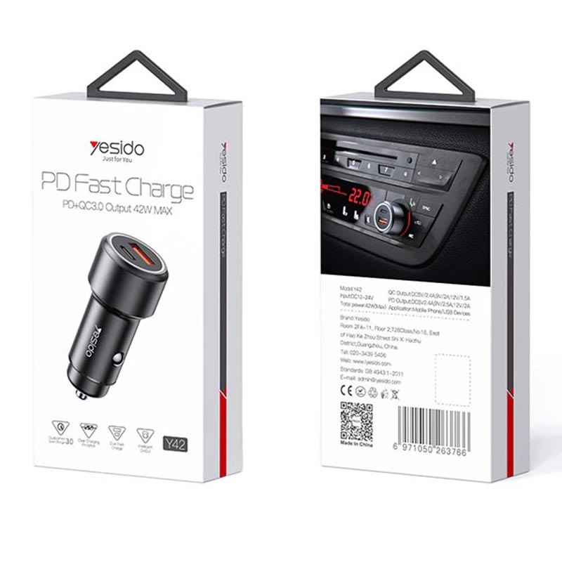 شارژر فندکی فست شارژ Yesido Y42 2.4A QC3.0 PD 42W
