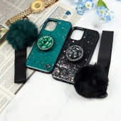 قاب ماربل طلایی پوم پوم دار + پاپ سوکت الماسی آیفون iPhone 12 Mini