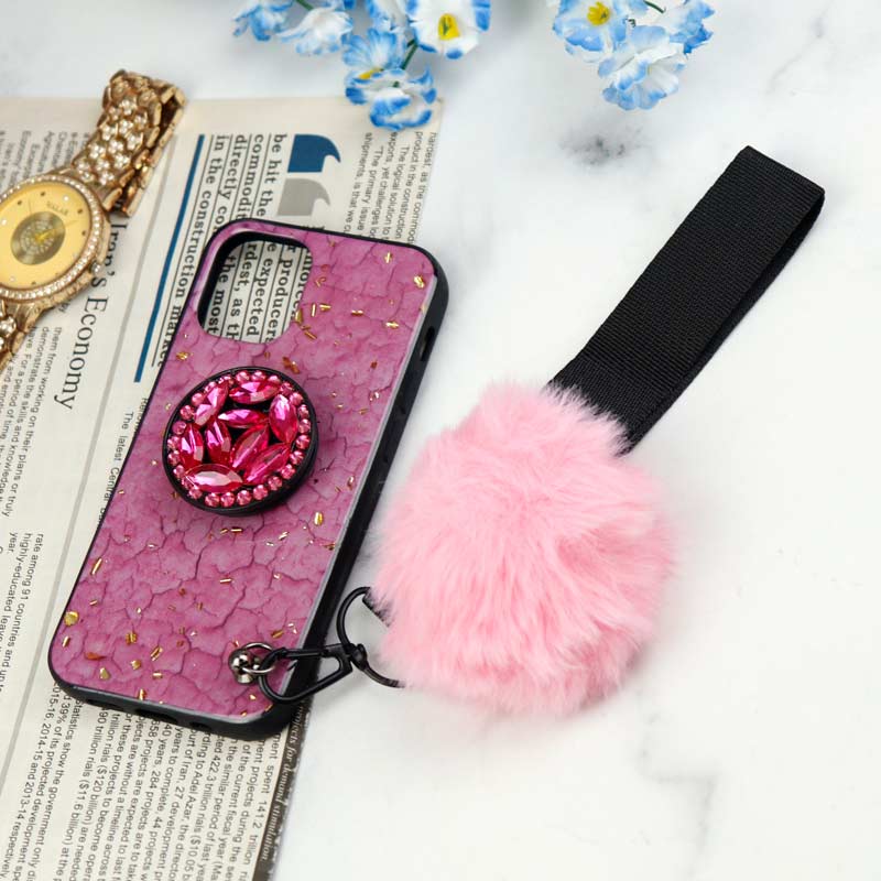 قاب ماربل طلایی پوم پوم دار + پاپ سوکت الماسی آیفون iPhone 12 Mini