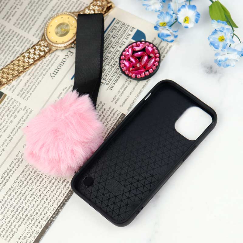 قاب ماربل طلایی پوم پوم دار + پاپ سوکت الماسی آیفون iPhone 12 Mini