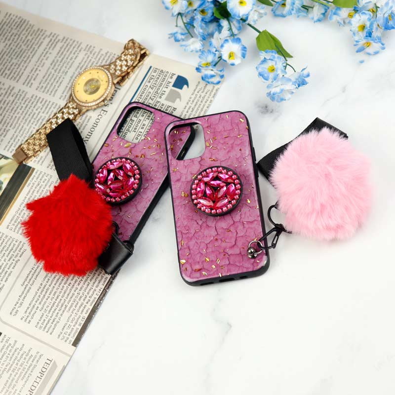 قاب ماربل طلایی پوم پوم دار + پاپ سوکت الماسی آیفون iPhone 12 Mini
