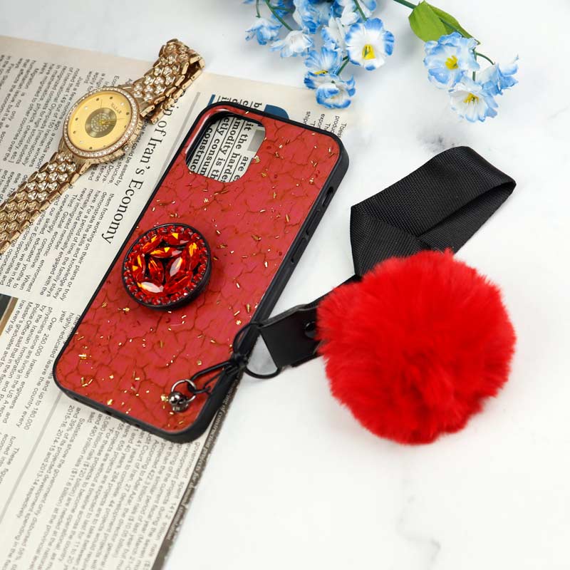 قاب ماربل طلایی پوم پوم دار + پاپ سوکت الماسی آیفون iPhone 12 Pro