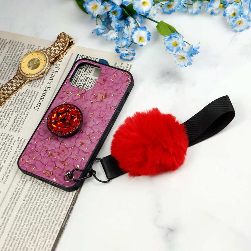 قاب ماربل طلایی پوم پوم دار + پاپ سوکت الماسی آیفون iPhone 12 Pro