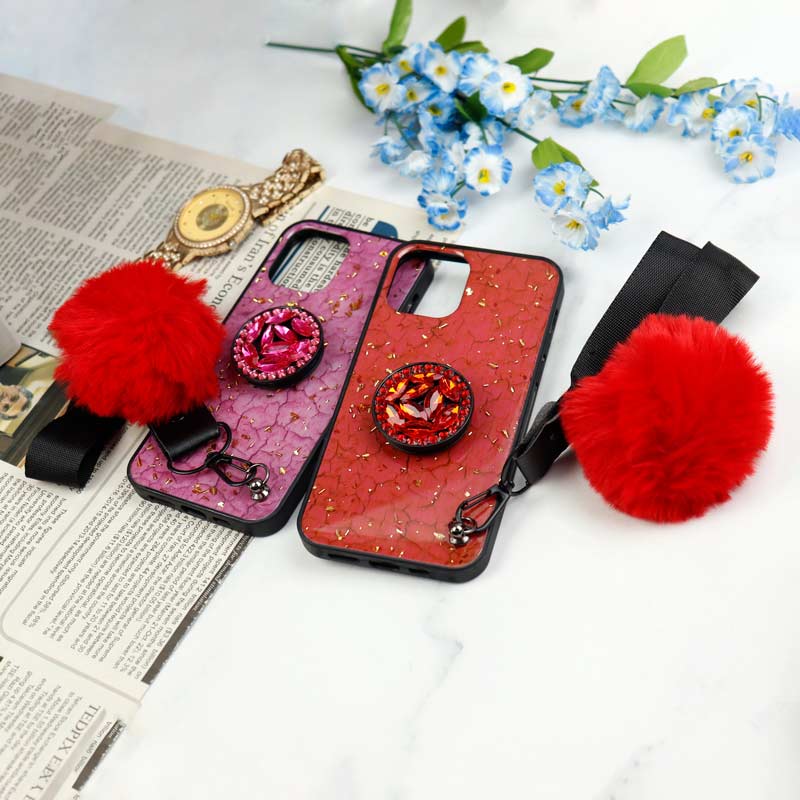 قاب ماربل طلایی پوم پوم دار + پاپ سوکت الماسی آیفون iPhone 12 Pro