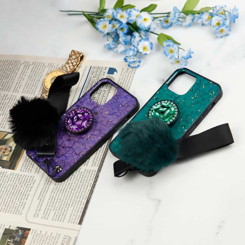 قاب ماربل طلایی پوم پوم دار + پاپ سوکت الماسی آیفون iPhone 12 Pro