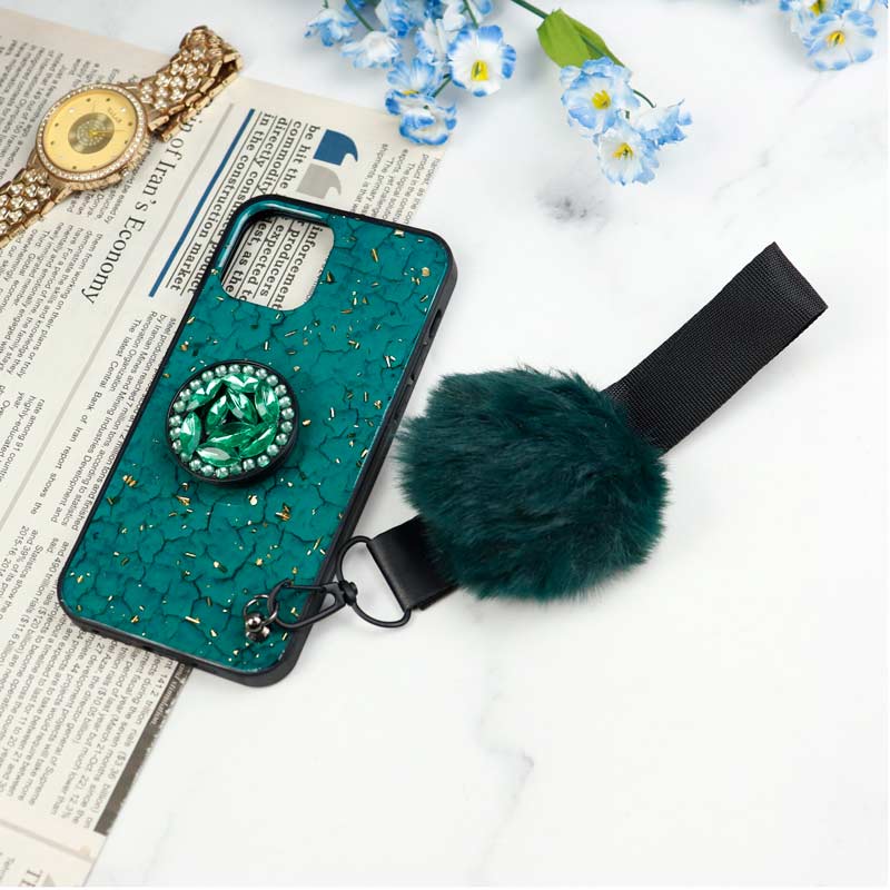 قاب ماربل طلایی پوم پوم دار + پاپ سوکت الماسی آیفون iPhone 12 Pro