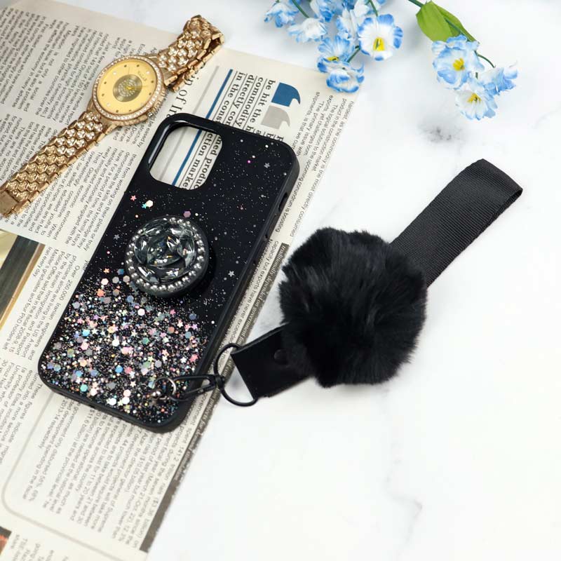 قاب ماربل طلایی پوم پوم دار + پاپ سوکت الماسی آیفون iPhone 12 Pro