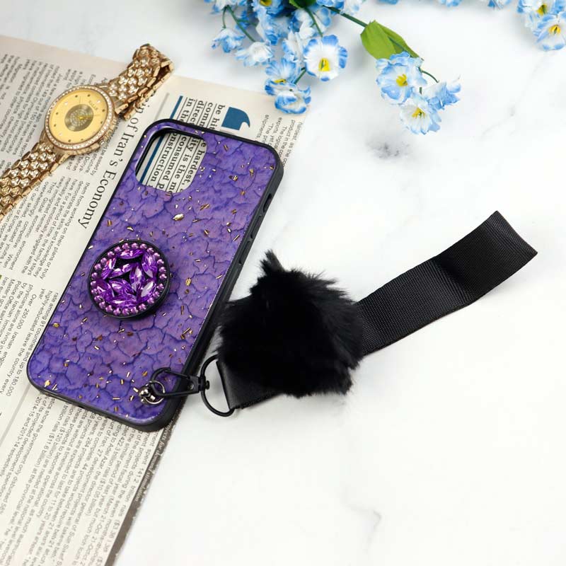 قاب ماربل طلایی پوم پوم دار + پاپ سوکت الماسی آیفون iPhone 12 Pro