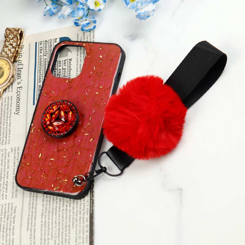 قاب ماربل طلایی پوم پوم دار + پاپ سوکت الماسی آیفون iPhone 12 Pro Max