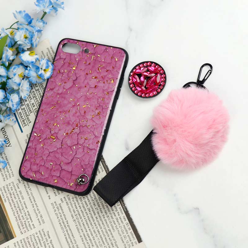 قاب ماربل طلایی پوم پوم دار + پاپ سوکت الماسی آیفون iPhone 7 Plus / 8 Plus