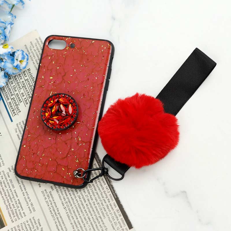 قاب ماربل طلایی پوم پوم دار + پاپ سوکت الماسی آیفون iPhone 7 Plus / 8 Plus