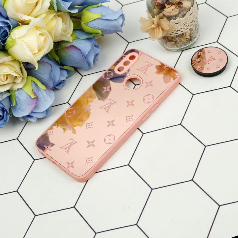قاب محافظ لنزدار آینه ای + پاپ سوکت طرح LV صورتی Samsung Galaxy A10s