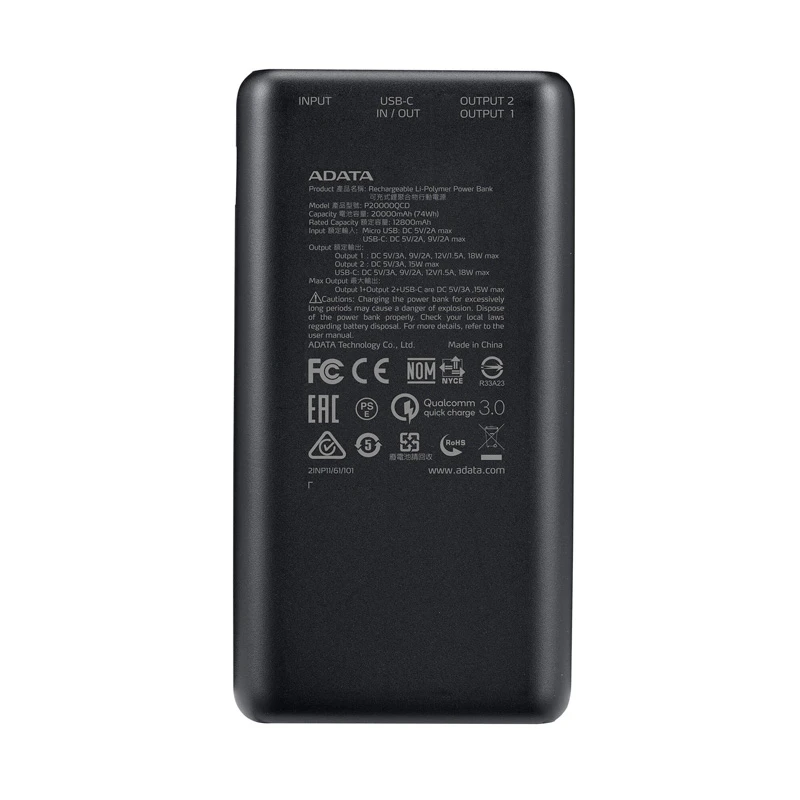 پاور بانک فست شارژ 20000 ای دیتا ADATA P20000QCD QC3 PD 18W