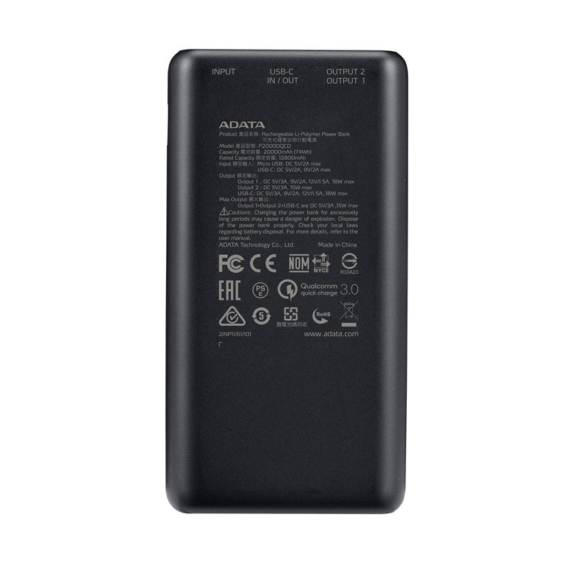 پاور بانک فست شارژ 20000 ای دیتا ADATA P20000QCD QC3 PD 18W