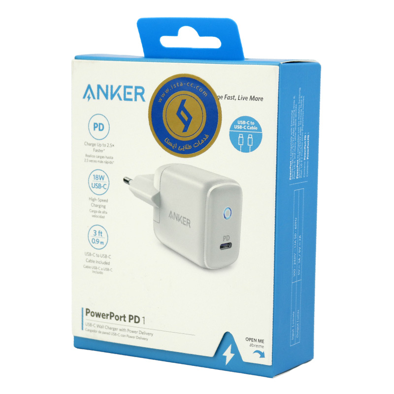شارژر دیواری فست شارژ Anker Powerport A2019LD3 3A PD 18W Type-C + کابل Type-C