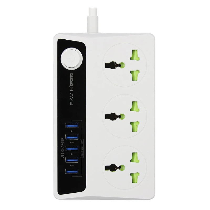 چند راهی ۳ خانه برق ارت دار باوین PC512 با کابل ۱٫۵ متری + شارژر USB