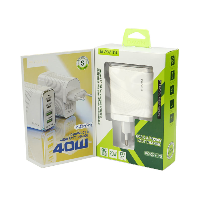 کلگی فست شارژ Bavin PC522Y-PD 4Port 3A QC3 PD 40W