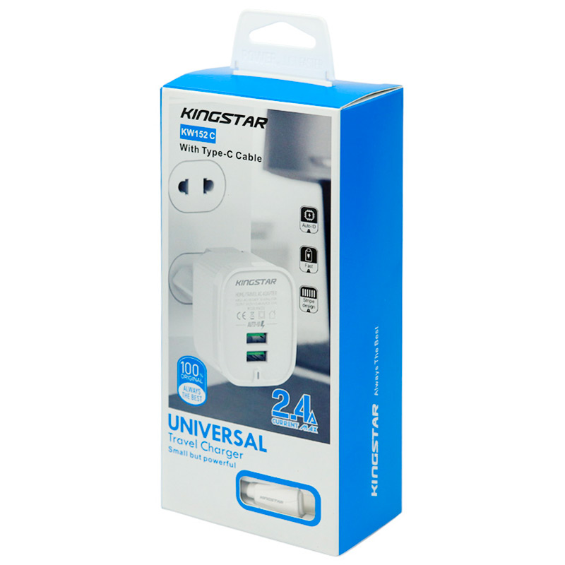 شارژر دیواری فست شارژ kingStar KW152C 2Port 2.4A 12W + کابل Type-C