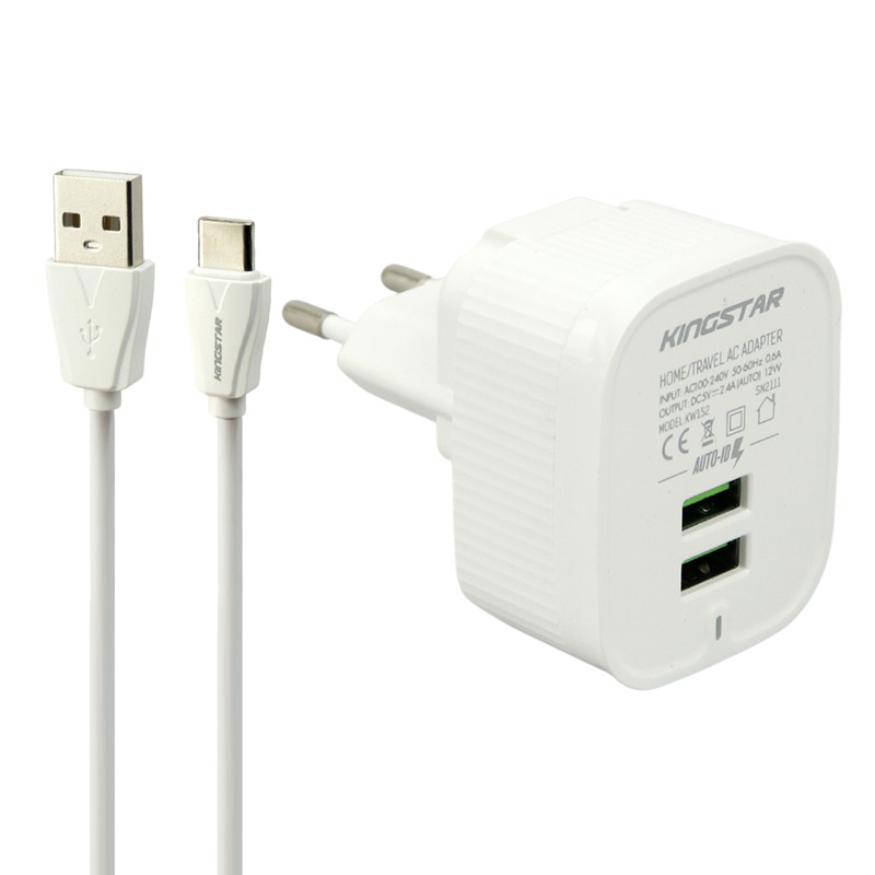 شارژر دیواری فست شارژ kingStar KW152C 2Port 2.4A 12W + کابل Type-C