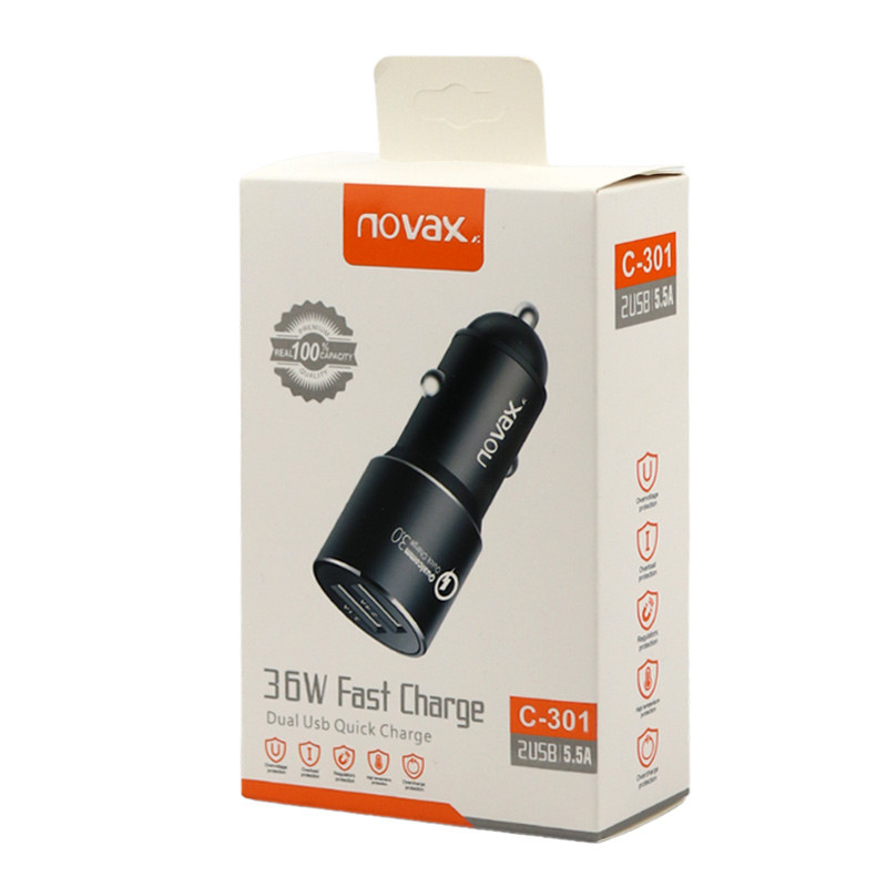 شارژر فندکی فست شارژ Novax C-301 QC3.0 5.5A 36W + کابل میکرو یو اس بی