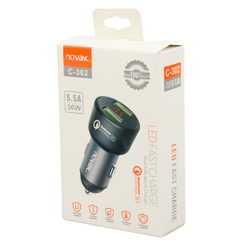 شارژر فندکی فست شارژ Novax C-302 QC3.0 5.5A 36W + کابل میکرو یو اس بی