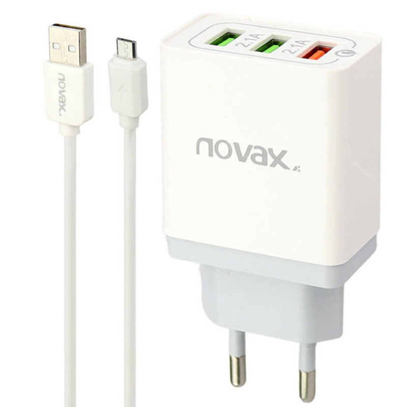 شارژر دیواری فست شارژ Novax Ch-102 3Port QC3 2.4A PD + کابل میکرو یو اس بی
