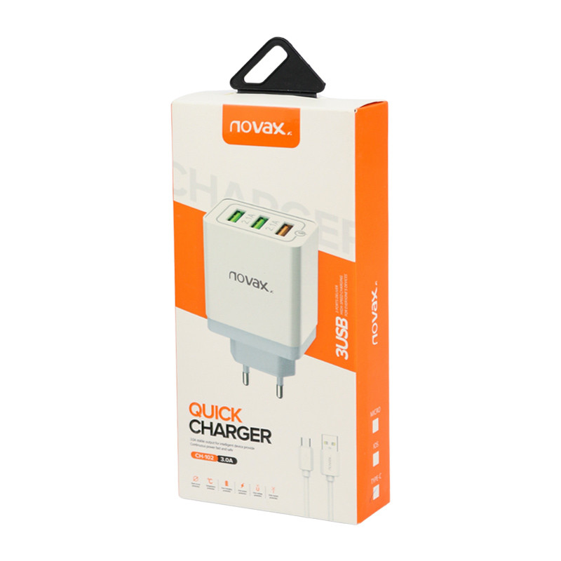 شارژر دیواری فست شارژ Novax Ch-102 3Port QC3 2.4A PD + کابل آیفونی
