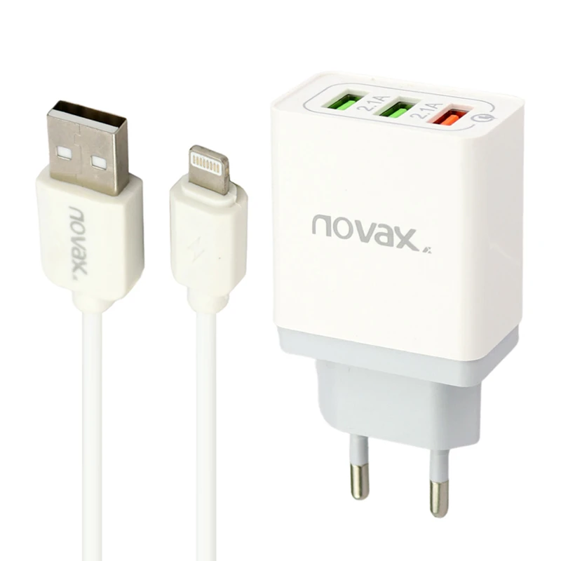 شارژر دیواری فست شارژ Novax Ch-102 3Port QC3 2.4A PD + کابل آیفونی